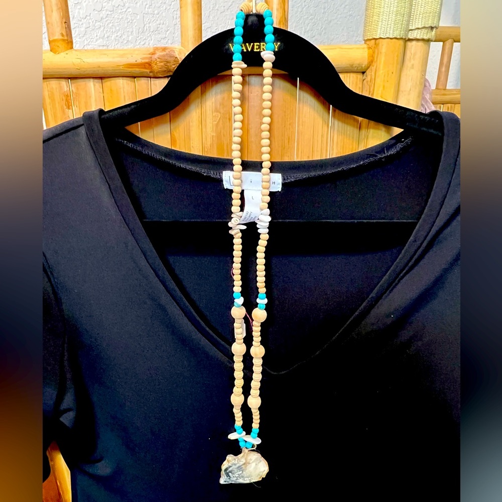 Handmade oyster shell necklace. Wood and glass beads. 16”long.